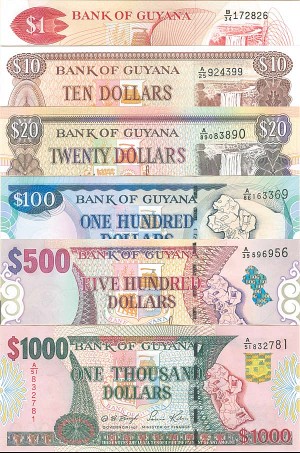 Guyana - P-21f, 23f, 30, 31, 34, and 35 - Great Set of 6 Notes - Foreign Paper Money
